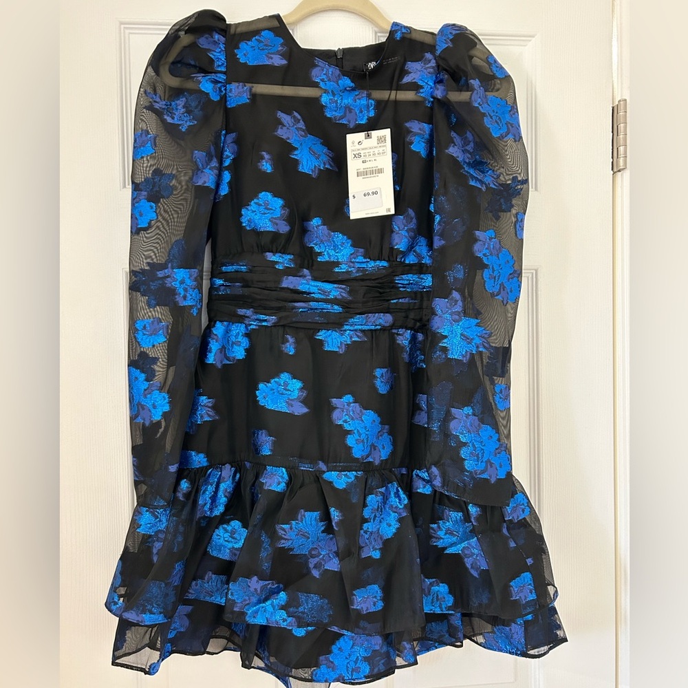 Zara black short dress with blue metallic flowers.